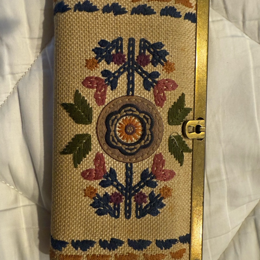 Embroidered Floral Clutch with Brass Trim